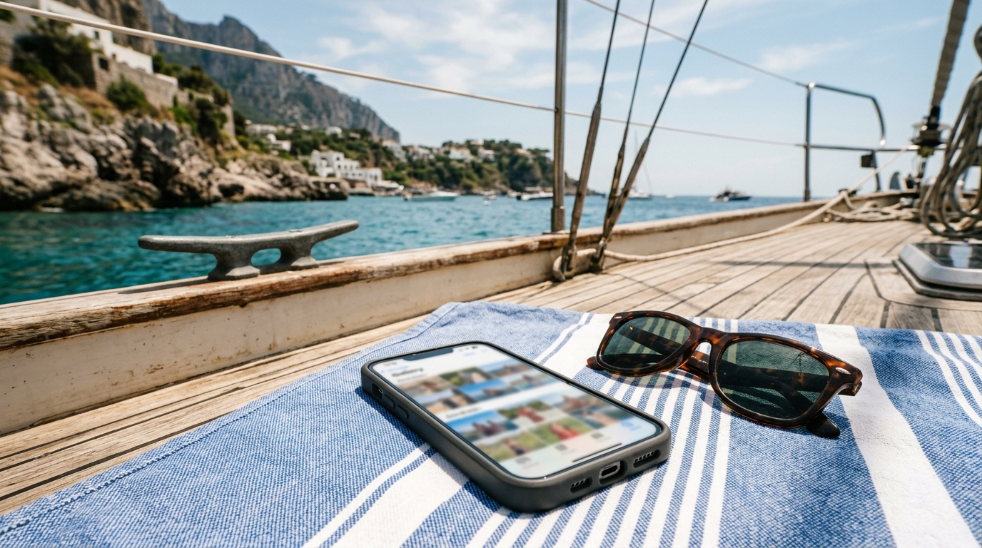 Téléphone et affaires de plage sur un bateau