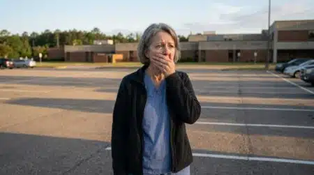 Femme bouleversée sur un parking d'hôpital