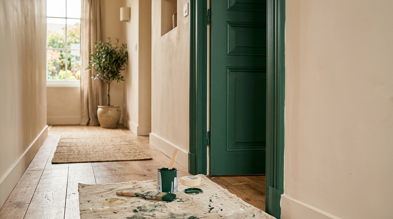 Encadrement de porte peint en vert sapin mat dans un couloir clair