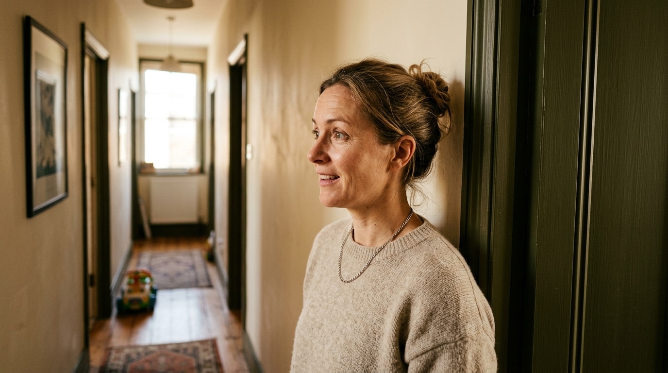 Femme souriante devant un couloir avec porte vert foncé