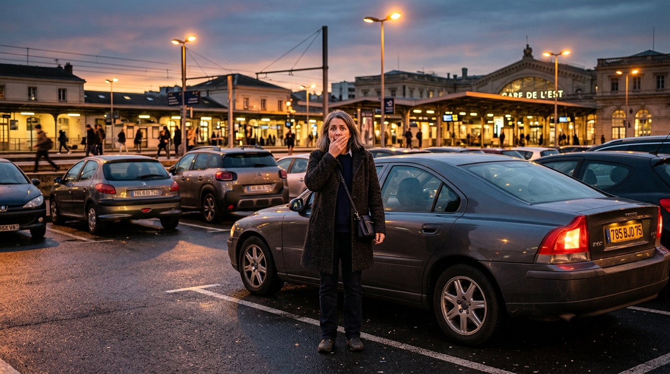Femme choquée devant sa voiture sur un parking