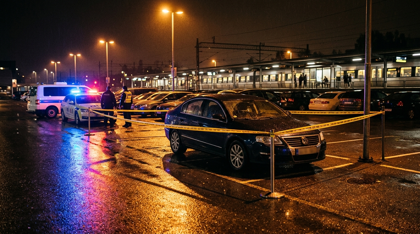 Voiture avec ruban de police sur parking de gare