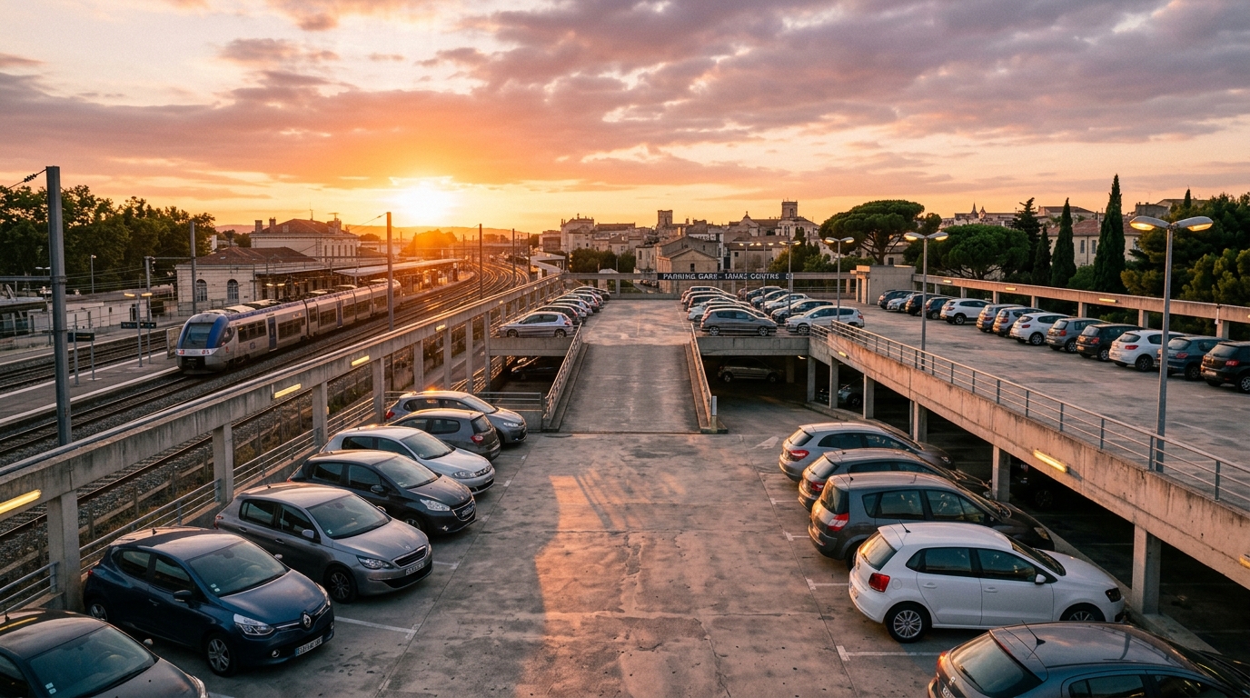 Parking de gare vide en fin de journée