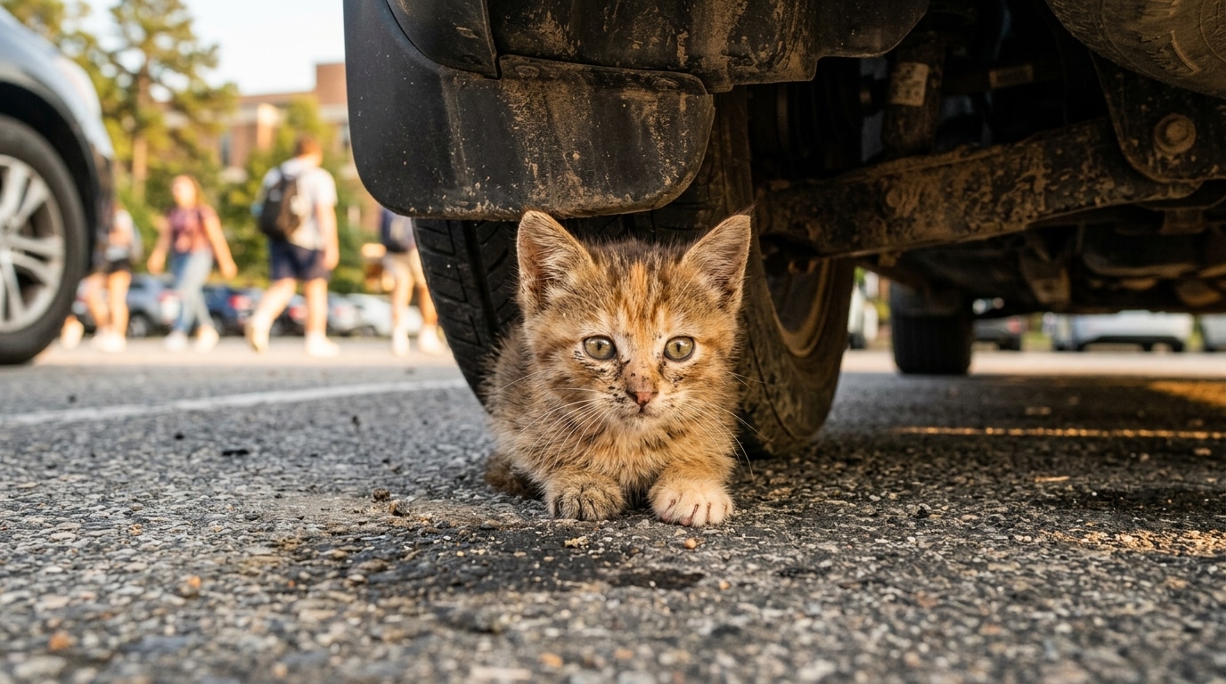 Patte de chaton dépassant sous une roue de voiture