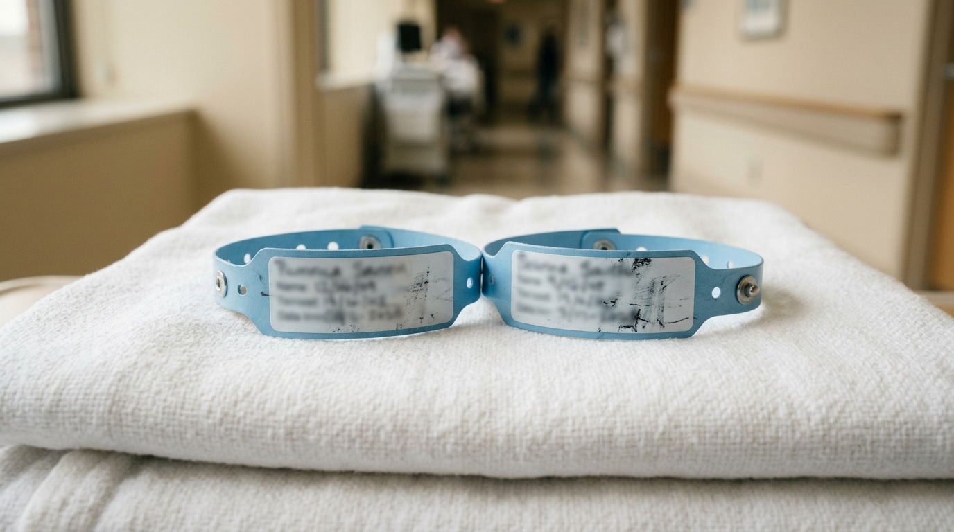 Deux bracelets d'identification de patients sur un lit