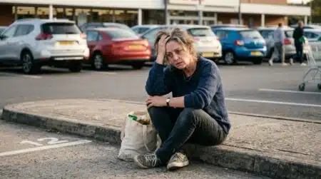 Femme assise épuisée sur un parking de supermarché