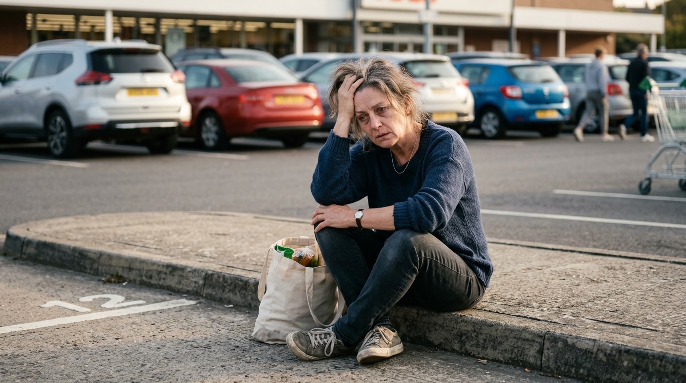Femme assise épuisée sur un parking de supermarché