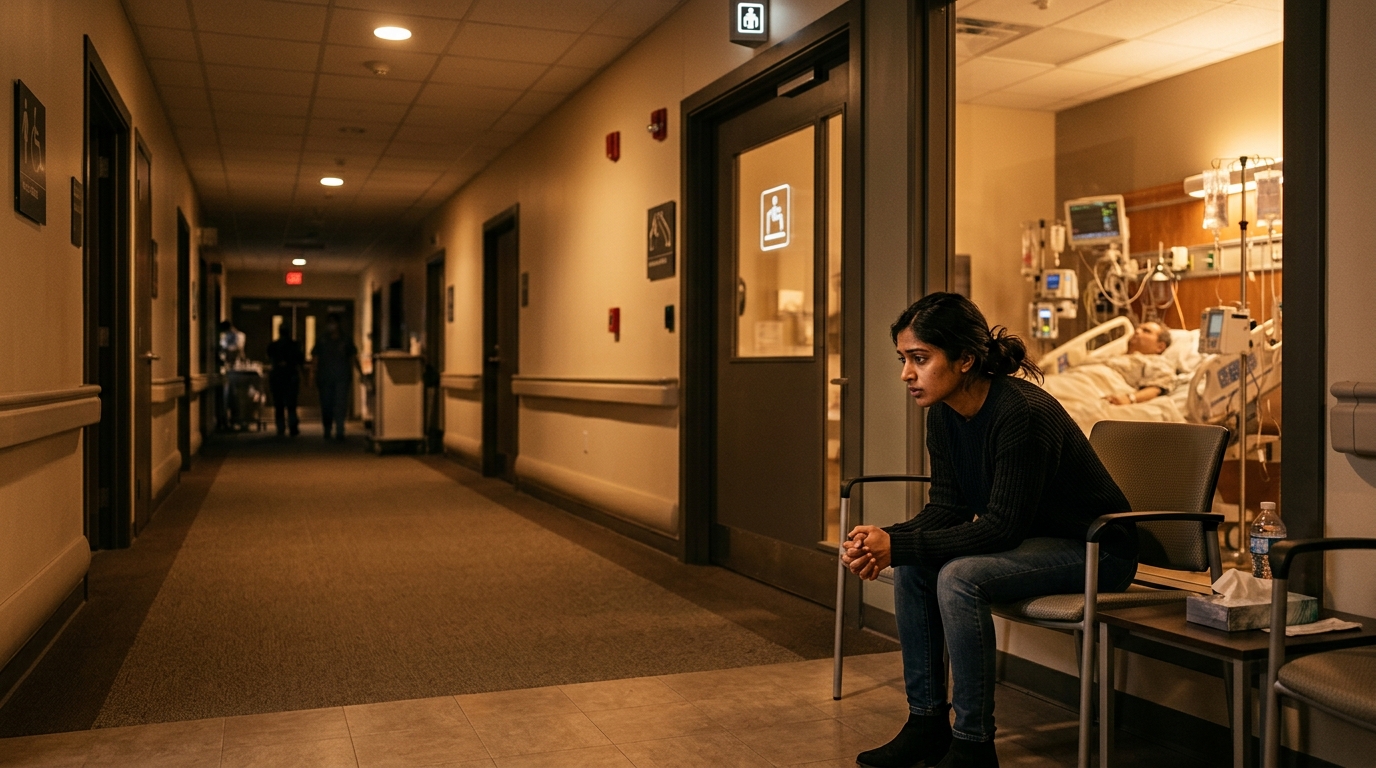 Proche attendant anxieusement devant une chambre de réanimation
