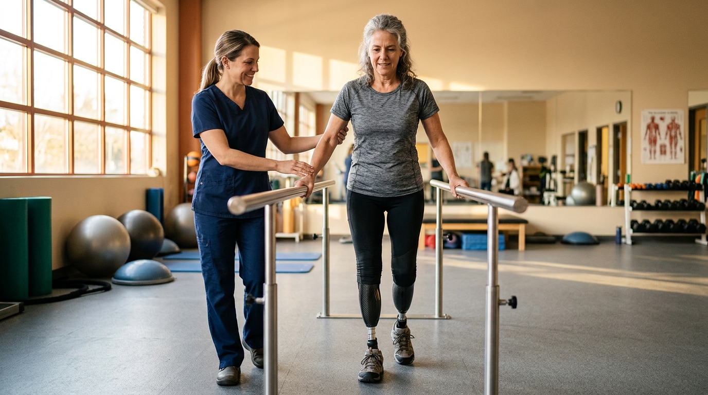 Femme réapprenant à marcher avec des prothèses de jambe