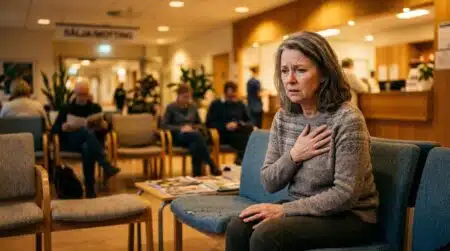 Femme inquiète dans une salle d'attente médicale