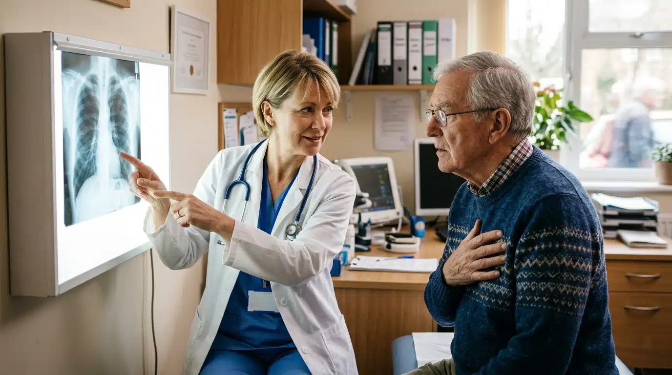 Médecin montrant une radiographie pulmonaire à une patiente