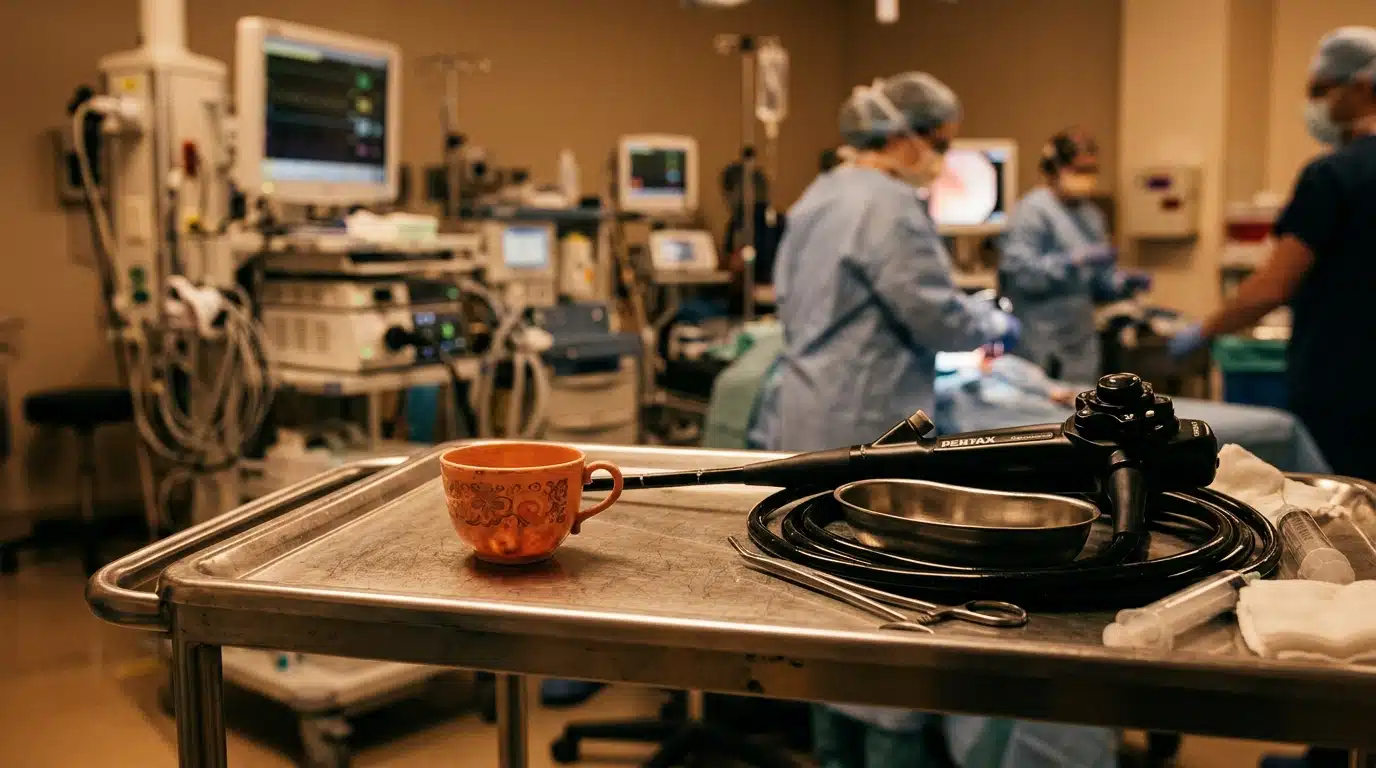 Petite tasse Barbie en plastique sur un plateau médical