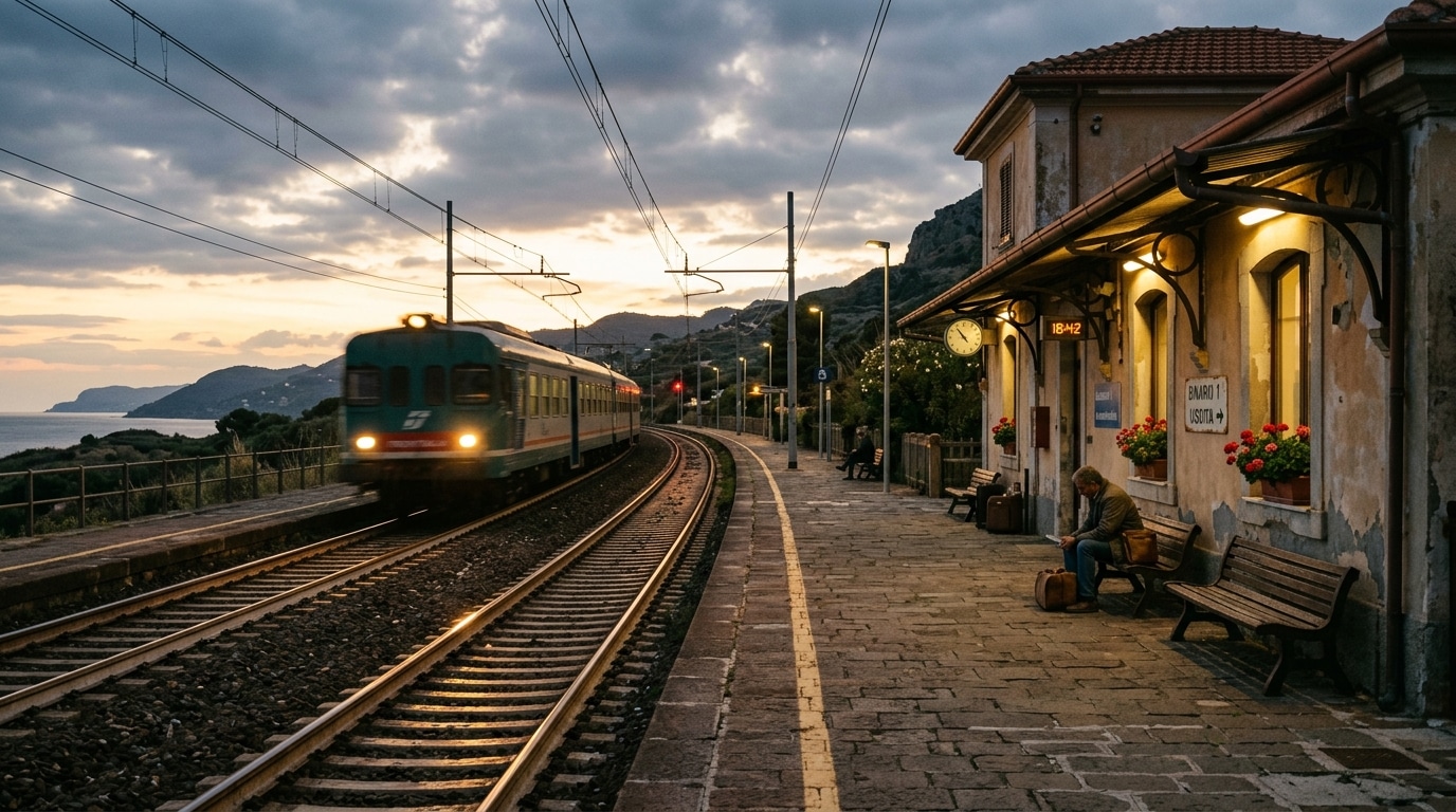 Voie ferrée au crépuscule avec train approchant au loin