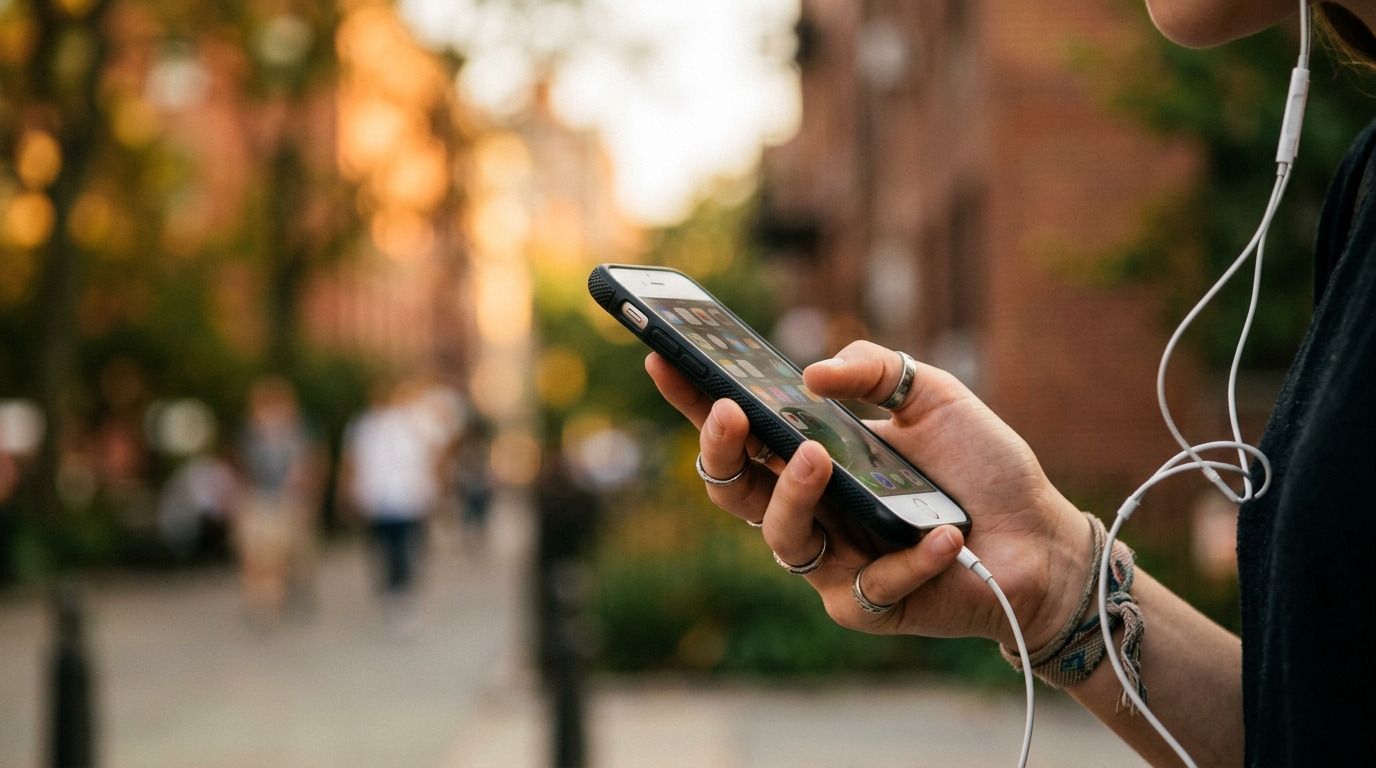 Main tenant un smartphone avec écouteurs blancs
