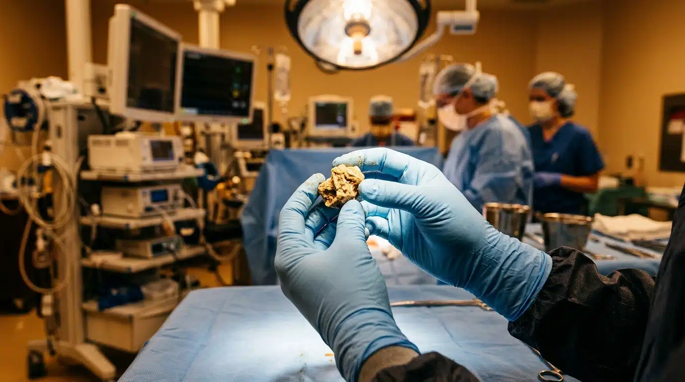 Chirurgien tenant un calcul intestinal calcifié