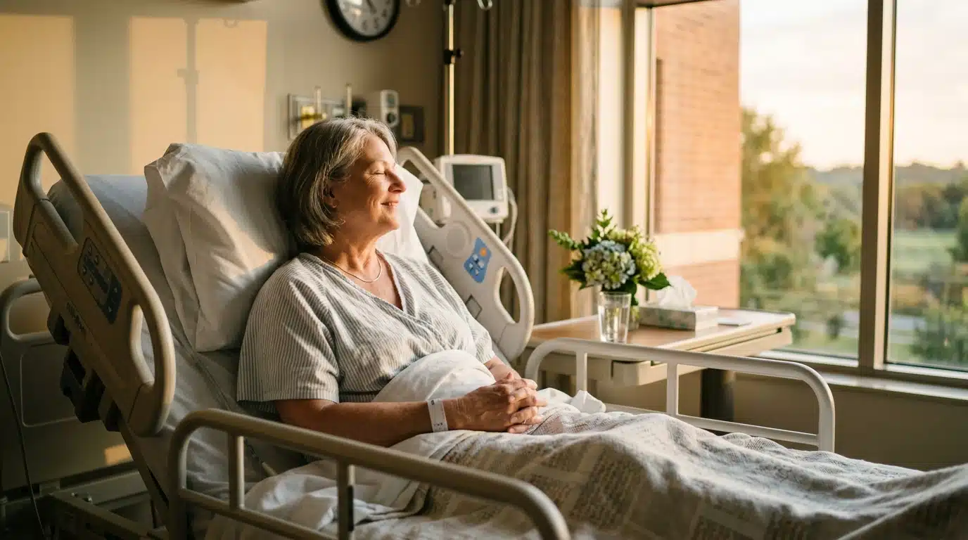 Patiente soulagée après son opération à l'hôpital