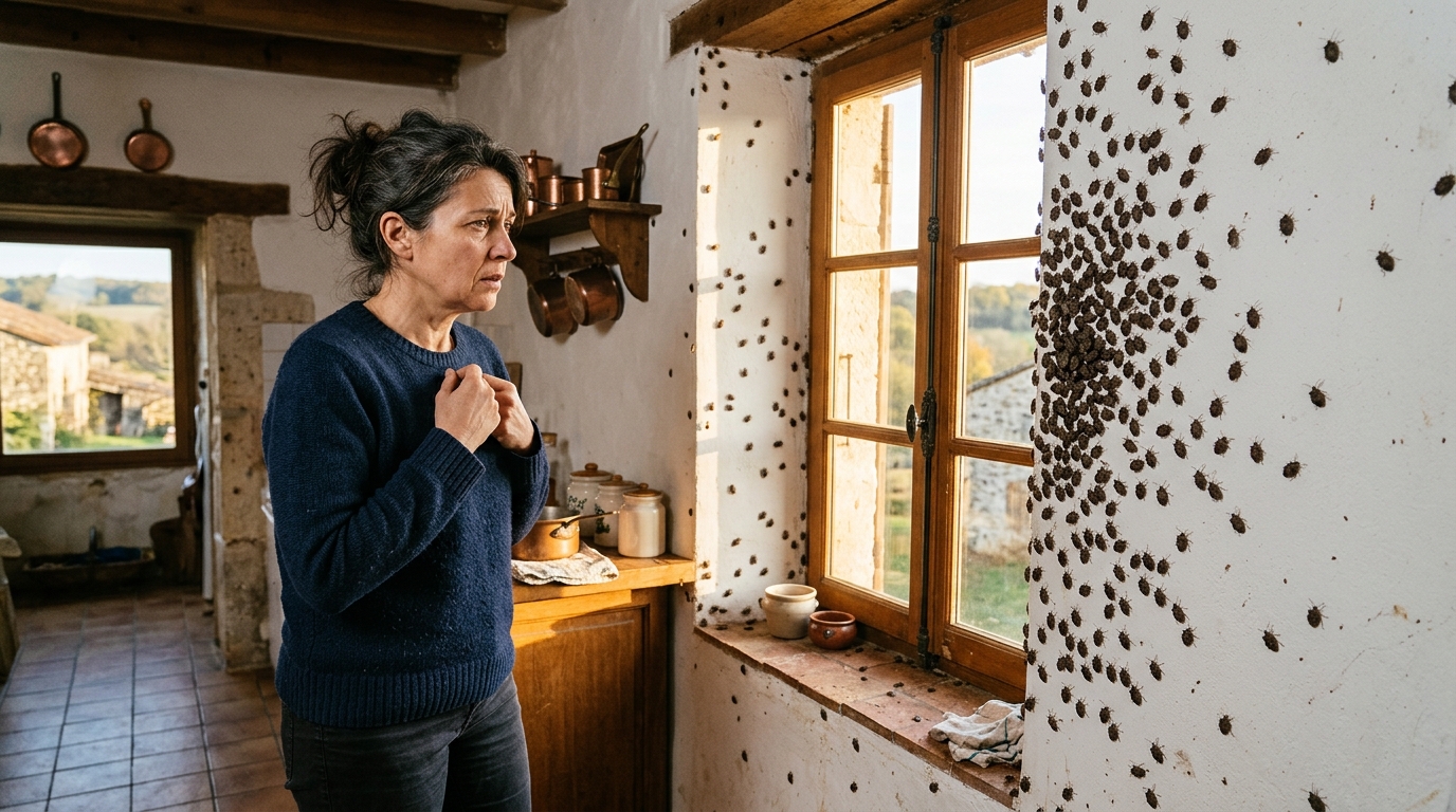 Femme observant des punaises des champs sur un mur blanc
