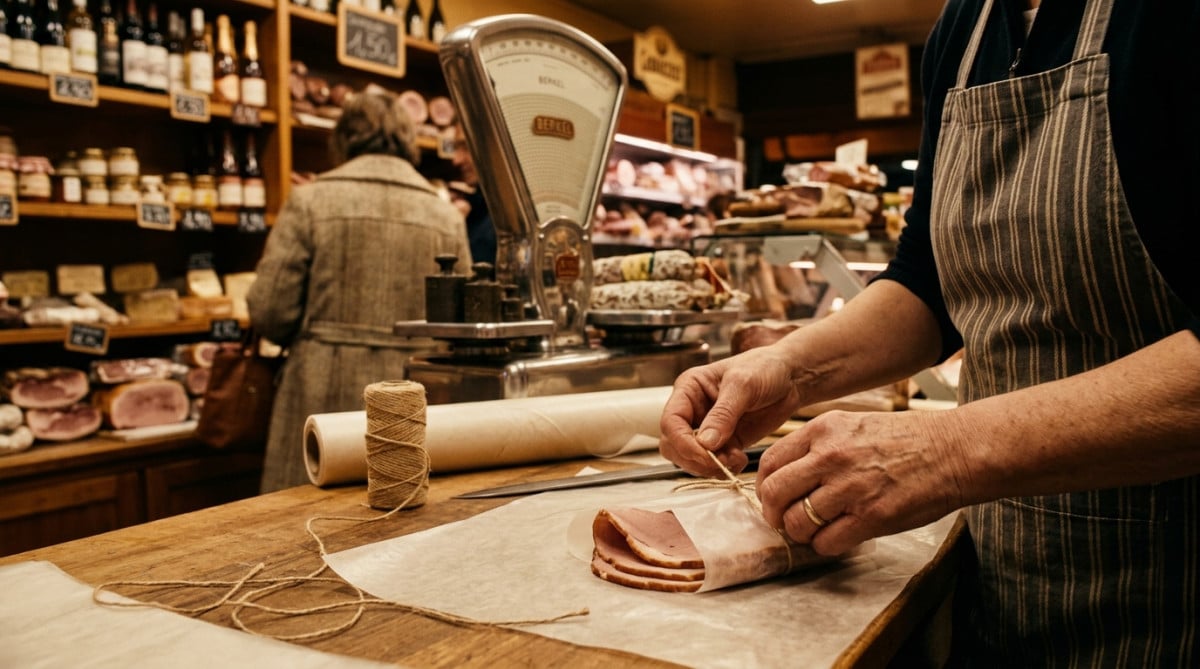 Emballage traditionnel du jambon à la coupe en 1975