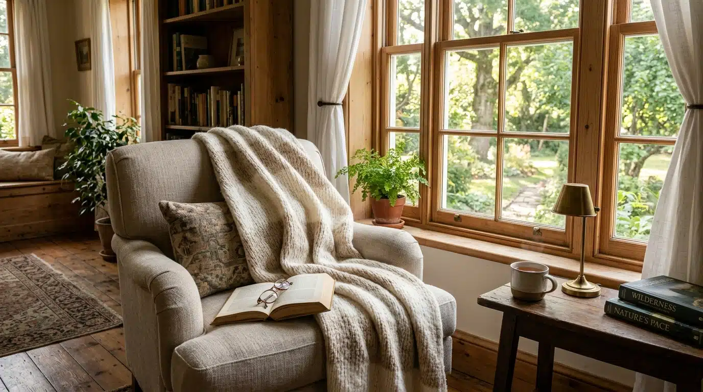 Fauteuil près d'une fenêtre ensoleillée, ambiance sereine