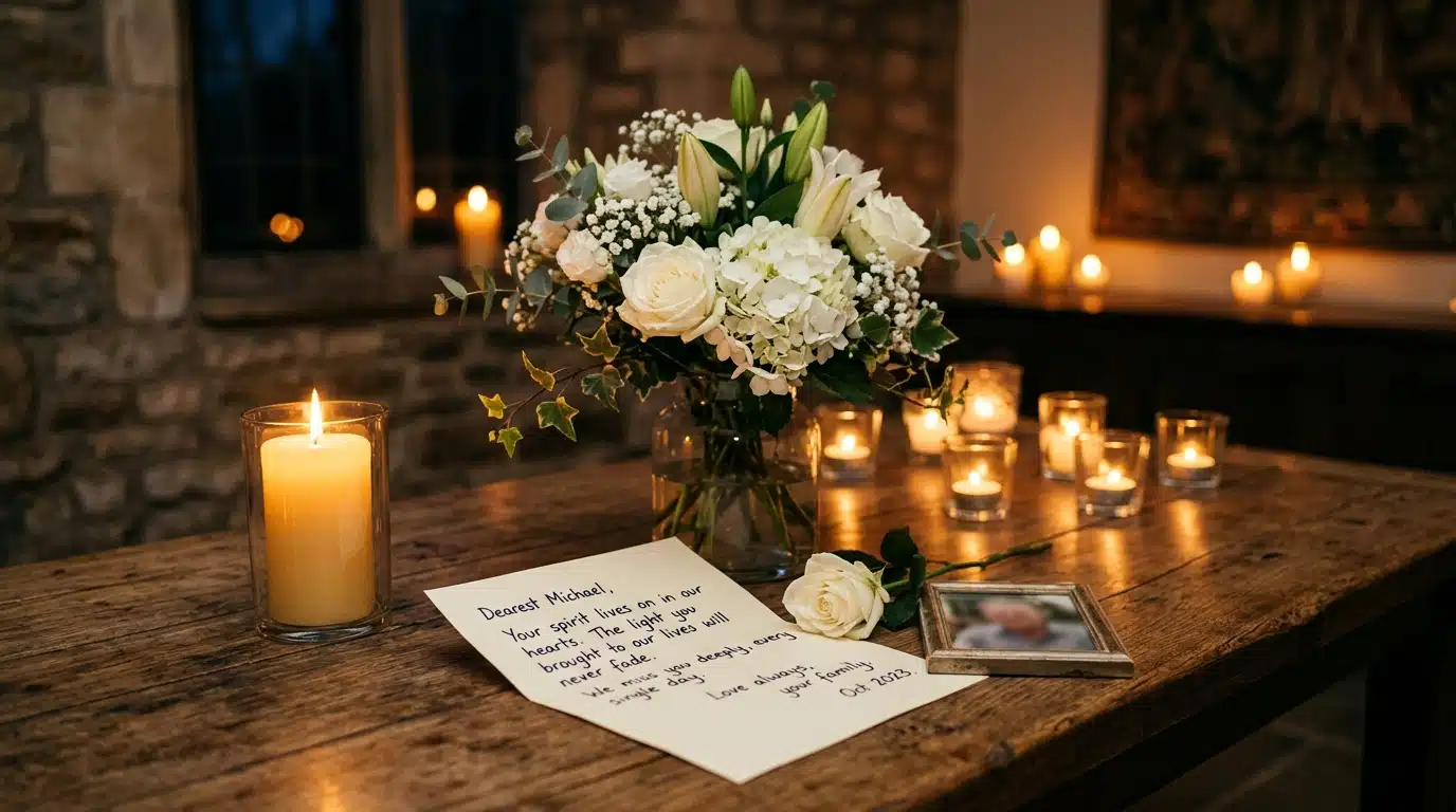 Bougies et lettre manuscrite sur une table en hommage