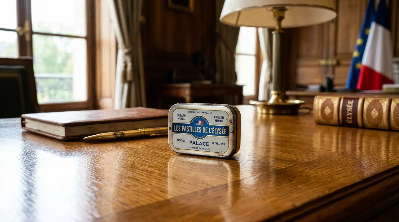 Boîte de bonbons à la menthe posée sur un bureau présidentiel