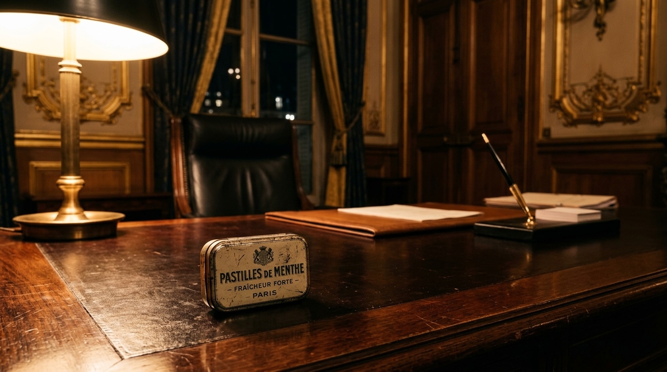 Paquet de pastilles à la menthe posé sur un bureau présidentiel la nuit