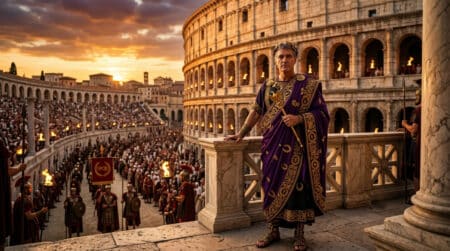 Empereur romain devant un stade antique au crépuscule