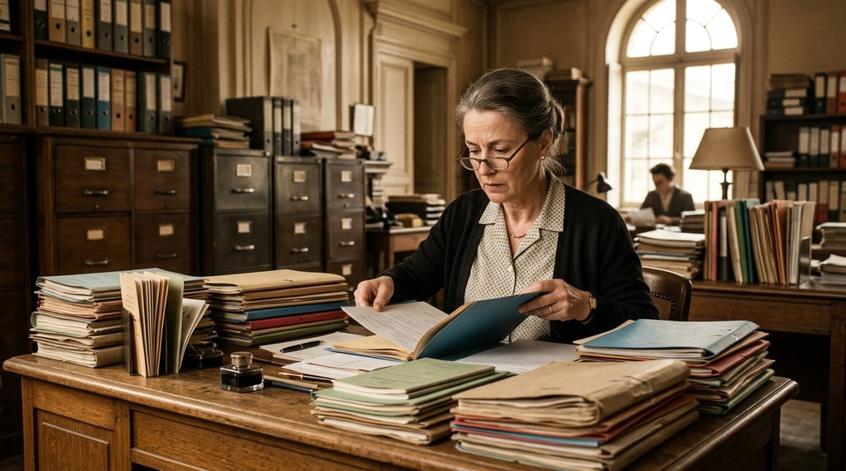 Employé de mairie triant des documents administratifs colorés