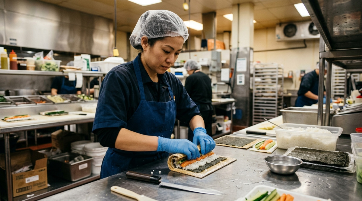 Employé préparant des sushis à la main en atelier