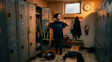 Employé se changeant dans un vestiaire d'entreprise le matin