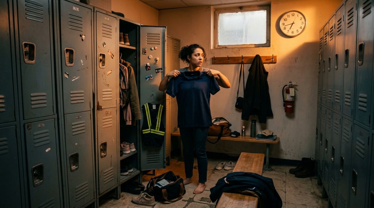 Employé se changeant dans un vestiaire d'entreprise le matin