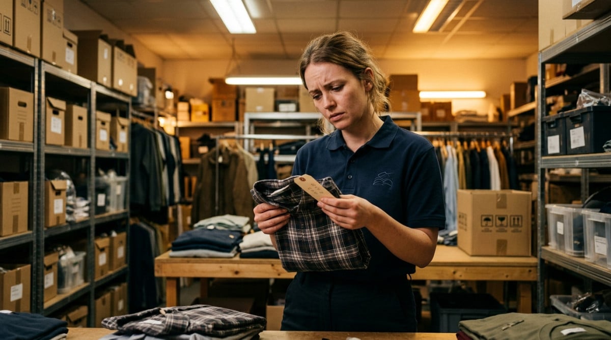 Employé vérifiant le prix de sa tenue de travail