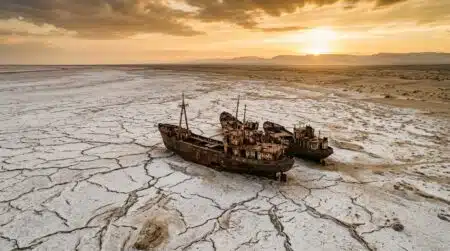 Désert de sel craquelé avec épave de bateau échoué