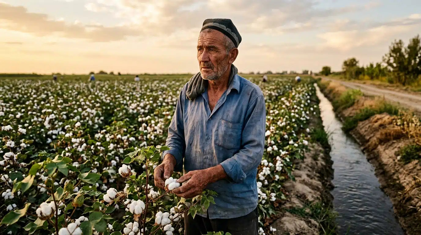 Agriculteur anonyme dans un champ de coton irrigué