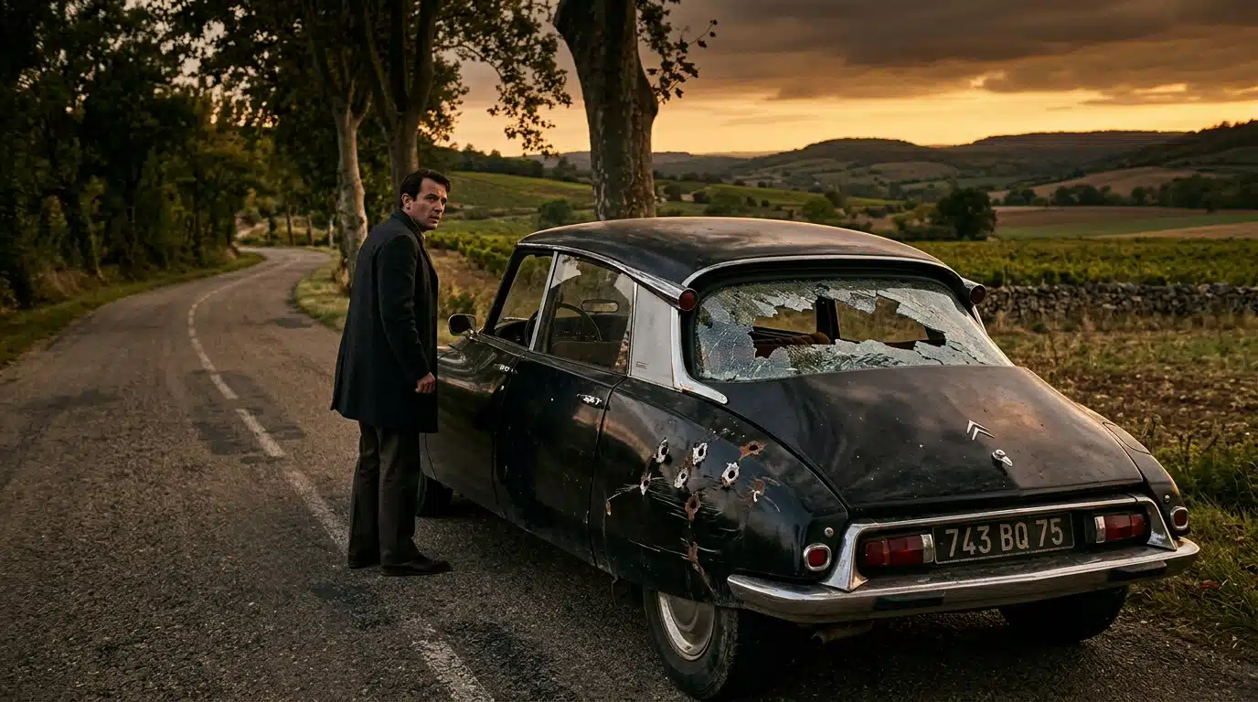 Citroën DS criblée de balles sur une route en 1962
