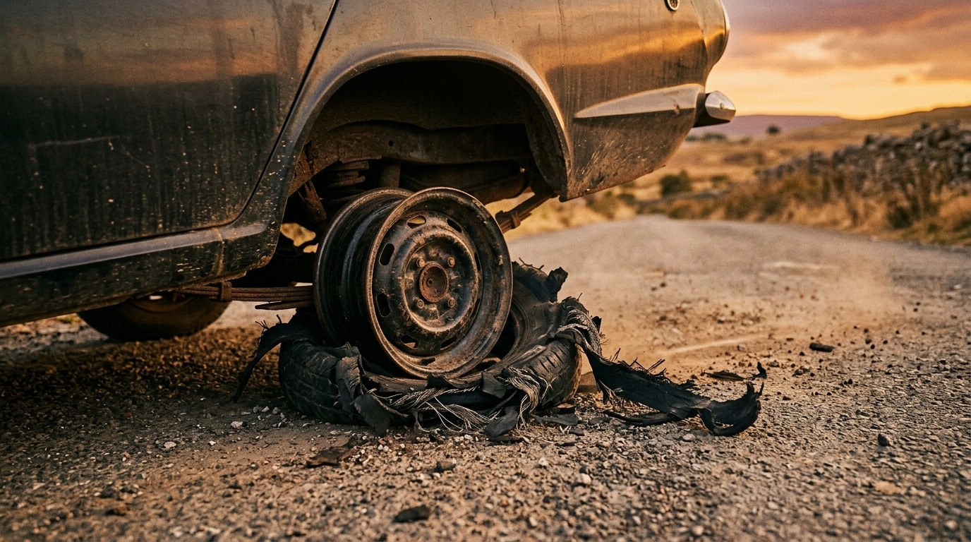 Pneu arrière crevé de la Citroën DS après la fusillade