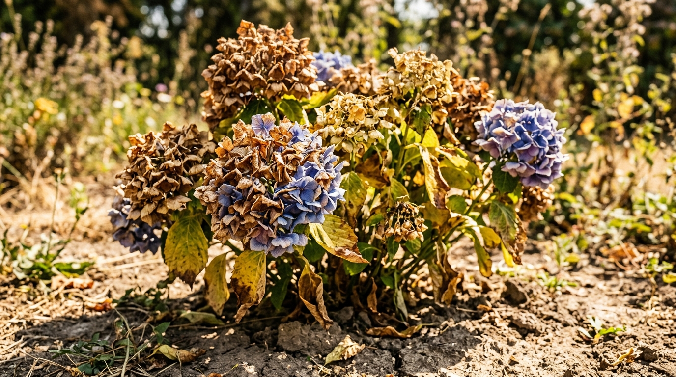 Hortensia grillé par la chaleur dans un jardin
