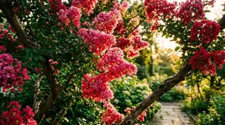 Lilas des Indes en fleurs roses sous le soleil d'été
