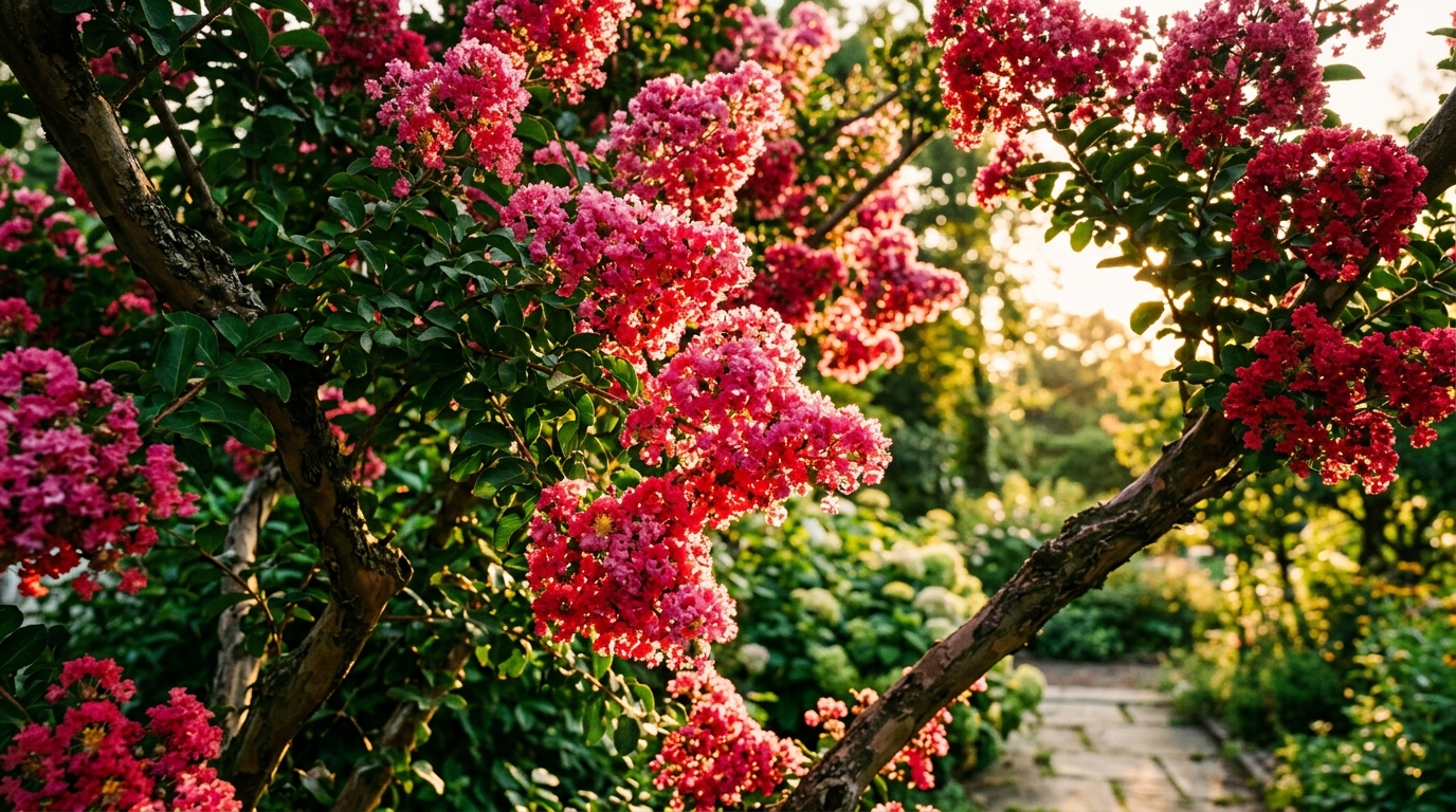 Lilas des Indes en fleurs roses sous le soleil d'été