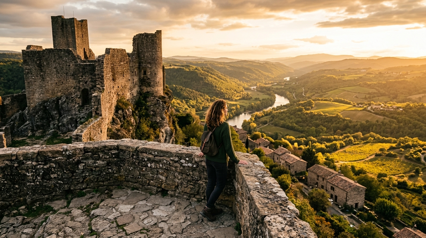 Point de vue depuis un château en ruine sur la vallée ardéchoise