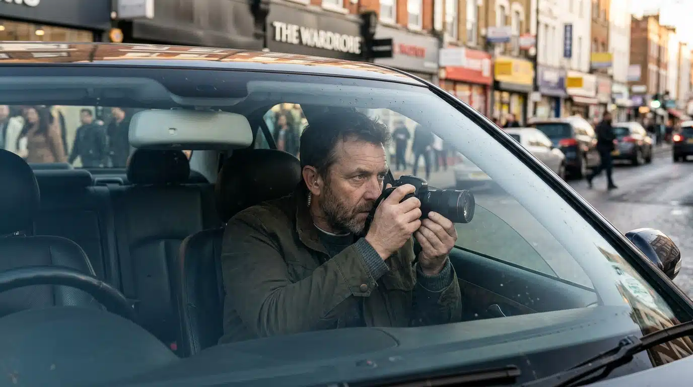 Détective privé en filature depuis une voiture