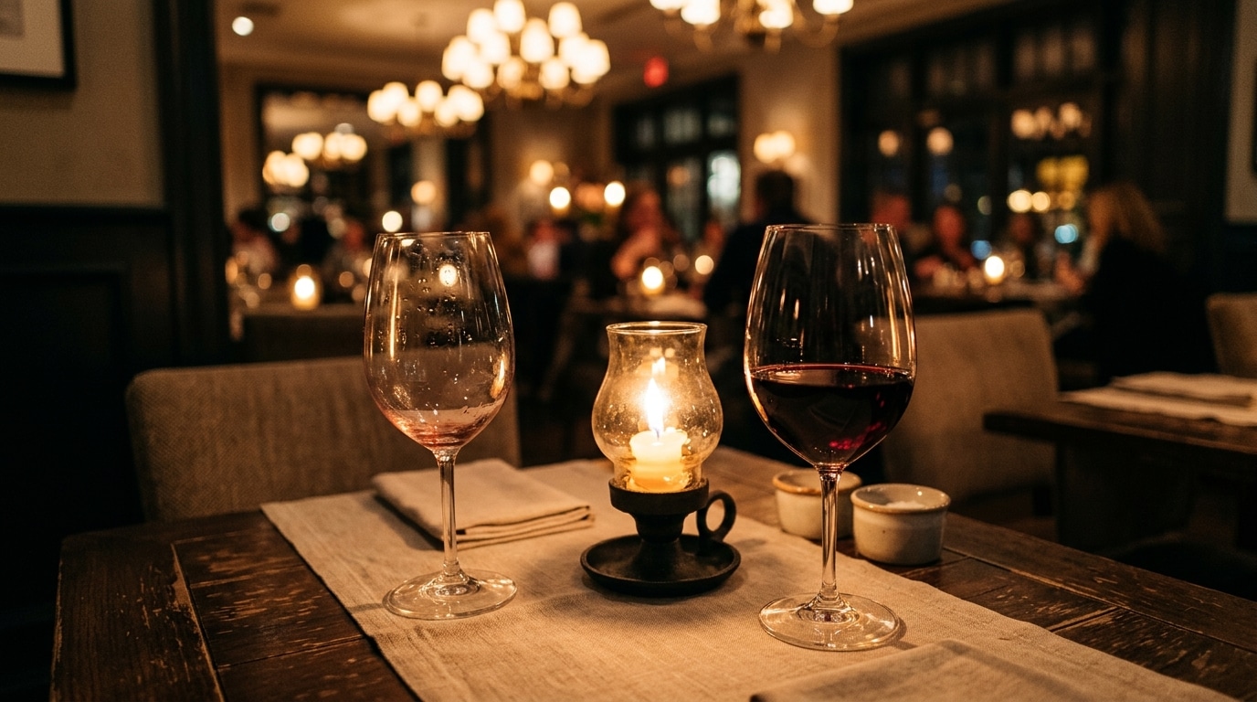 Table de restaurant avec deux verres de vin dans la penombre