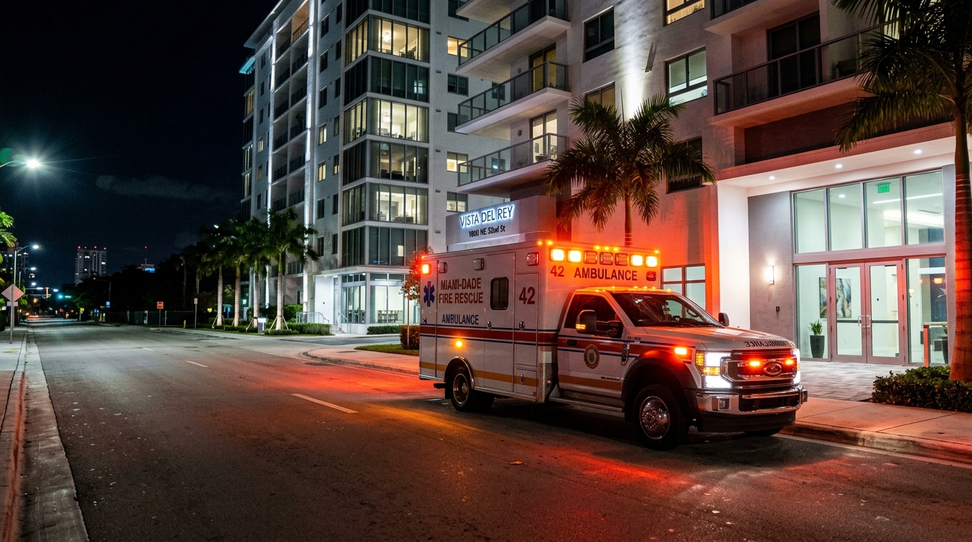 Ambulance stationnée devant une résidence à Miami de nuit
