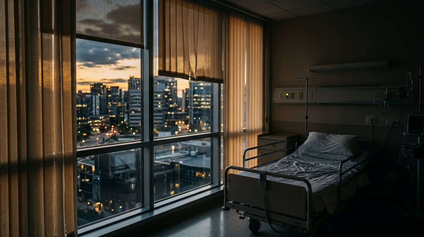 Fenêtre d'hôpital éclairée par la lumière du crépuscule