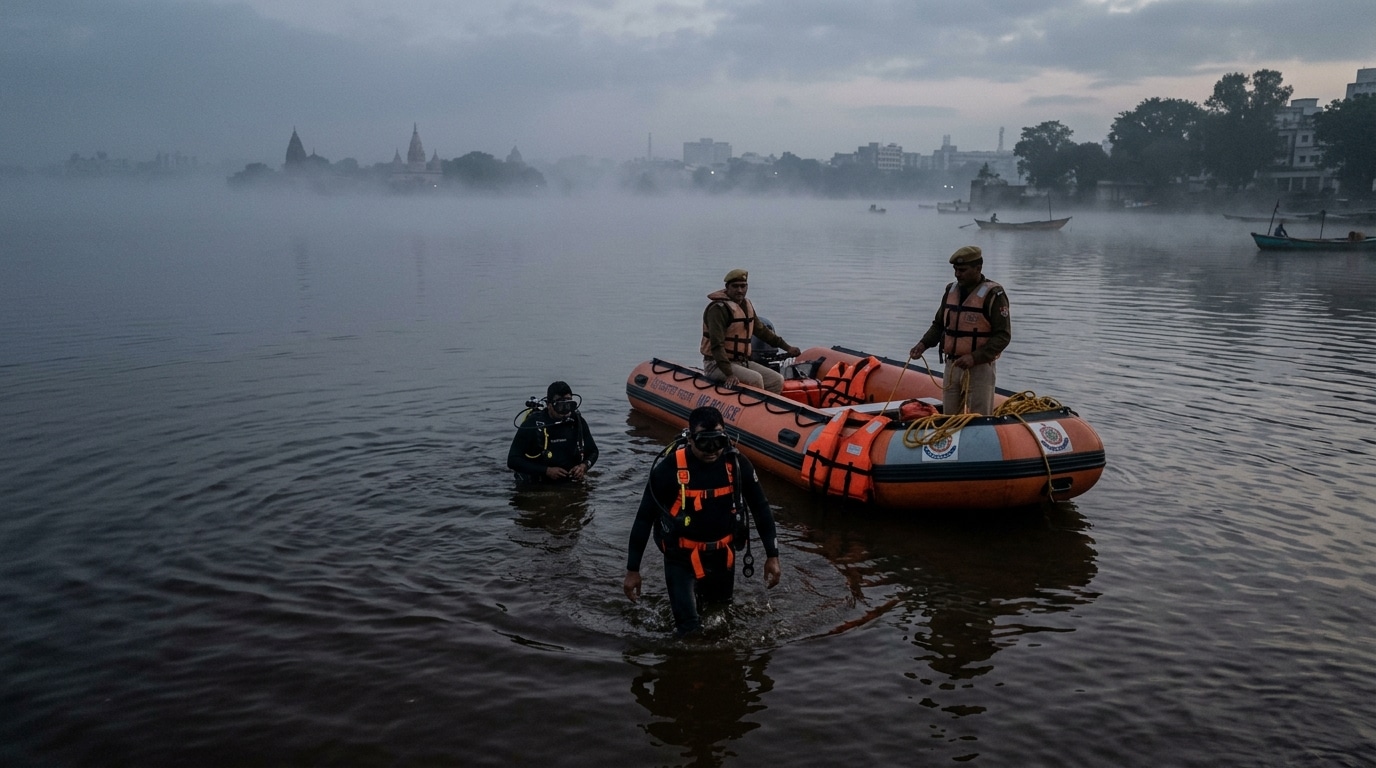 Plongeurs de police fouillant un lac en Inde