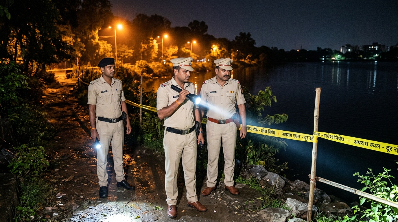 Policiers indiens sur une scène de crime nocturne