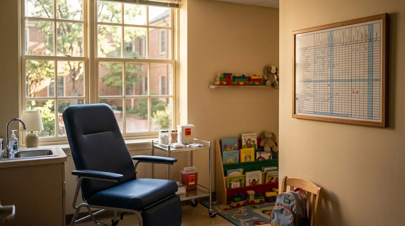 Cabinet médical avec chaise de vaccination vide