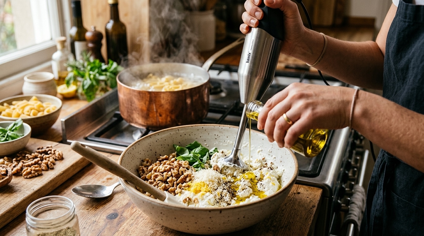 Préparation de la sauce noix et ricotta au mixeur