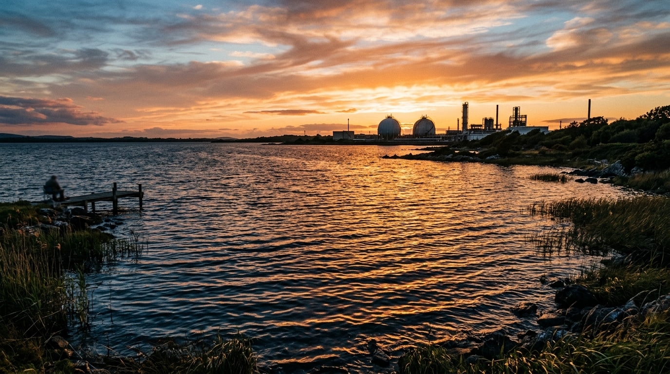 Lac Peigneur aujourd'hui avec ses eaux saumâtres et infrastructures