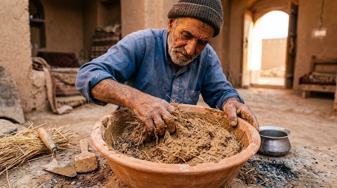 Artisan perse mélangeant le mortier sarooj traditionnel